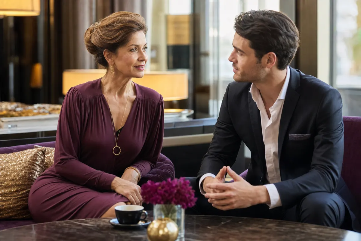 Femme mature élégante échangeant avec un homme adulte