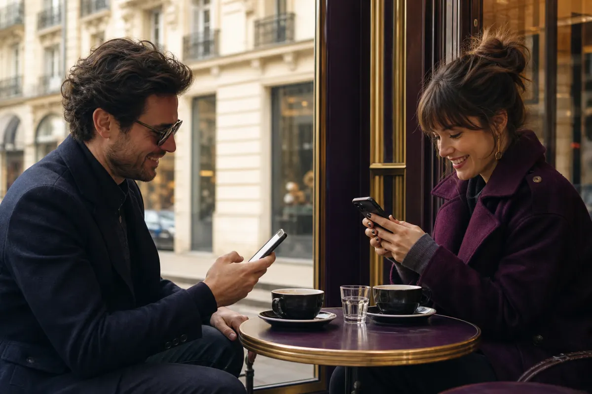 Deux adultes discutent sur leur téléphone dans un café